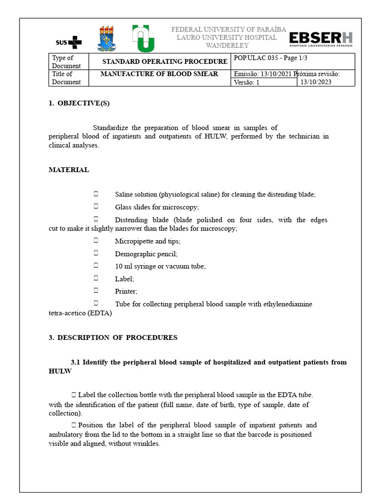 POP - Preparation of The Blood Smear | PDF | Medical Specialties ...