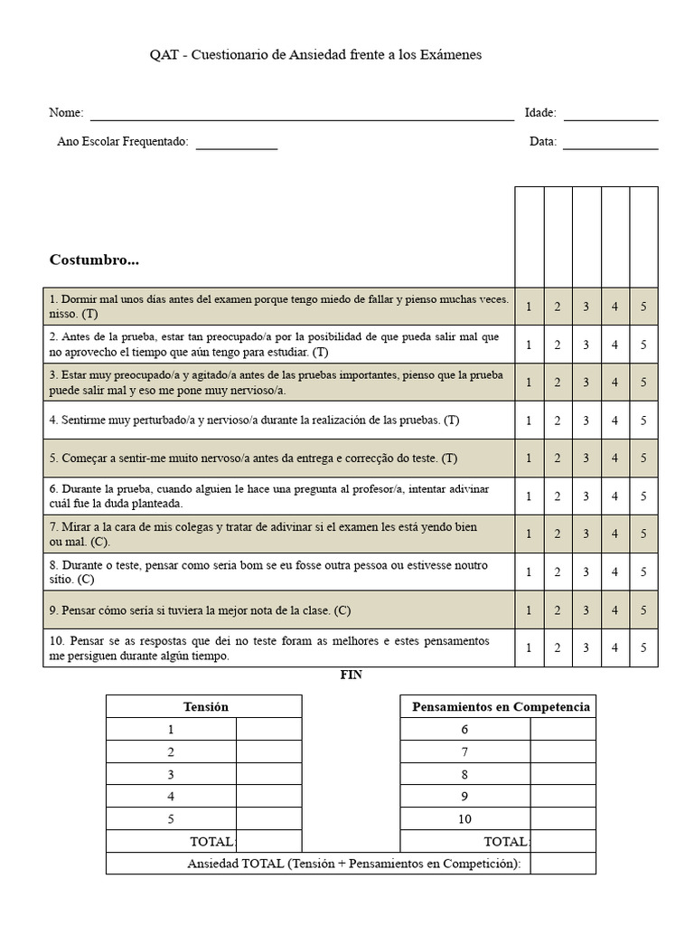 Cuestionario de Ansiedad Exámenes | PDF | Ansiedad