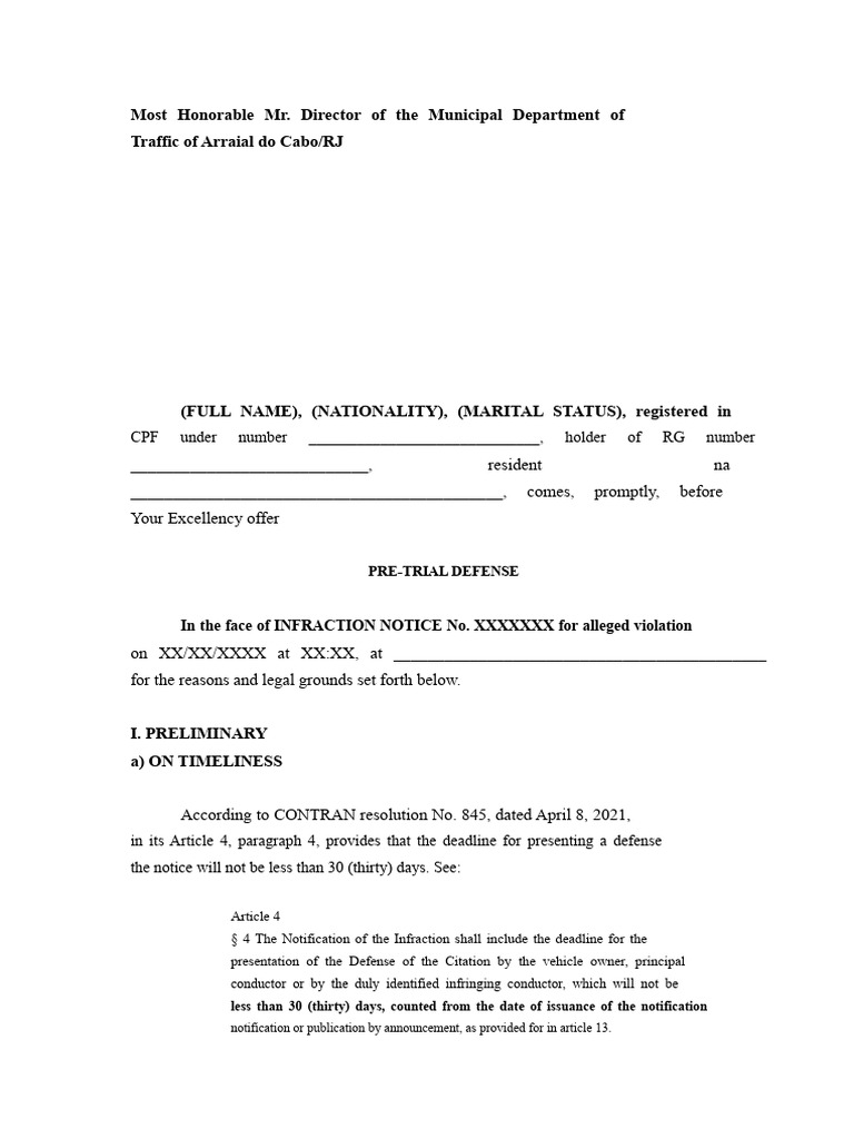 Pre-Trial Defense Against Traffic Infraction | PDF | Traffic | Justice