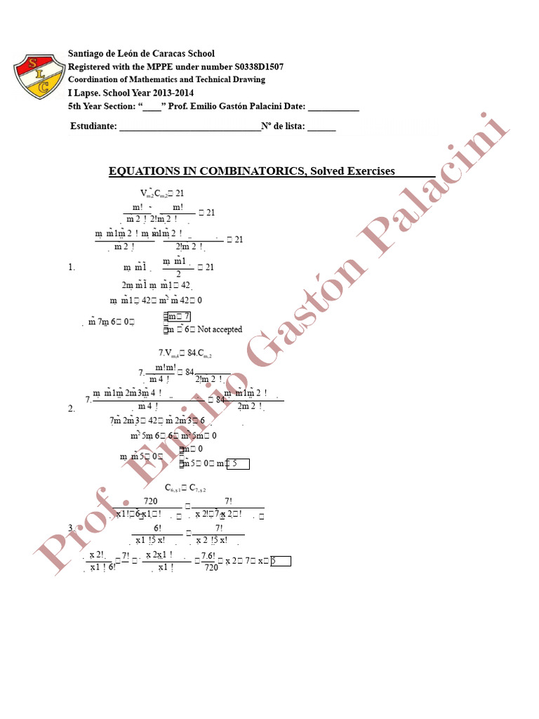 Combinatorics Equations Exercises | PDF