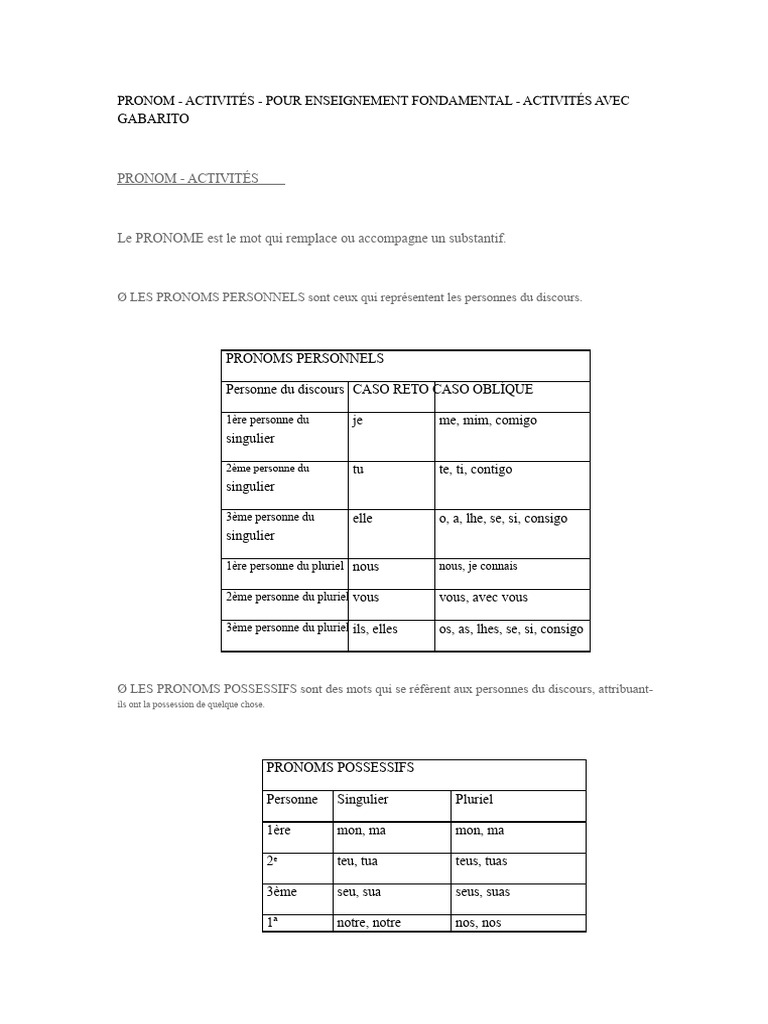 Guide des pronoms en français et exercices | PDF | Pronom | Nombre ...