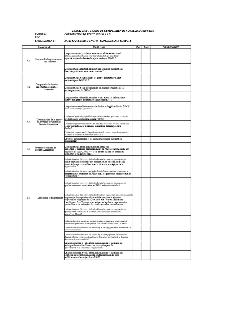 Checklist ISO 22000:2018 pour FSMS | PDF | Sécurité | Sécurité alimentaire