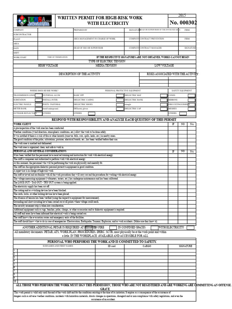 High-Risk Electrical Work Permit 2015 | PDF | Safety | Voltage