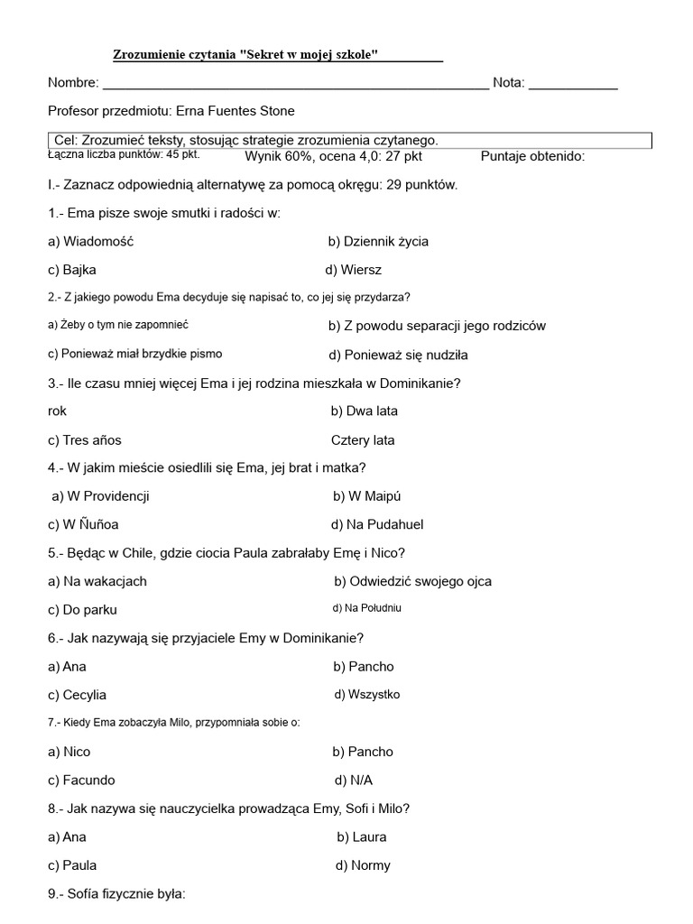 Test Sekret W Mojej Szkole | PDF