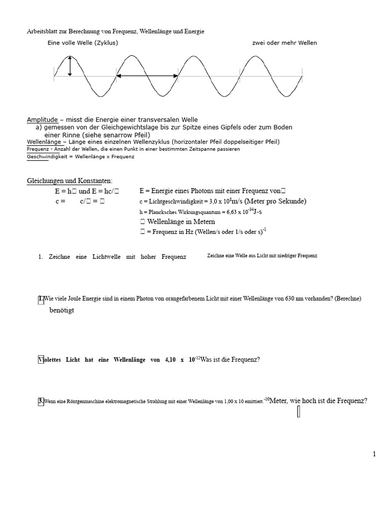 Schüler Wellenlängen Frequenz Arbeitsblatt | PDF