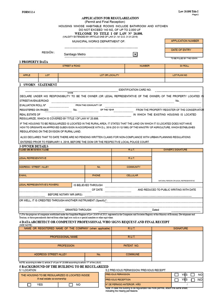 Form 12.4 Application For Housing Regularization Up To 140 m2 Law 20. ...