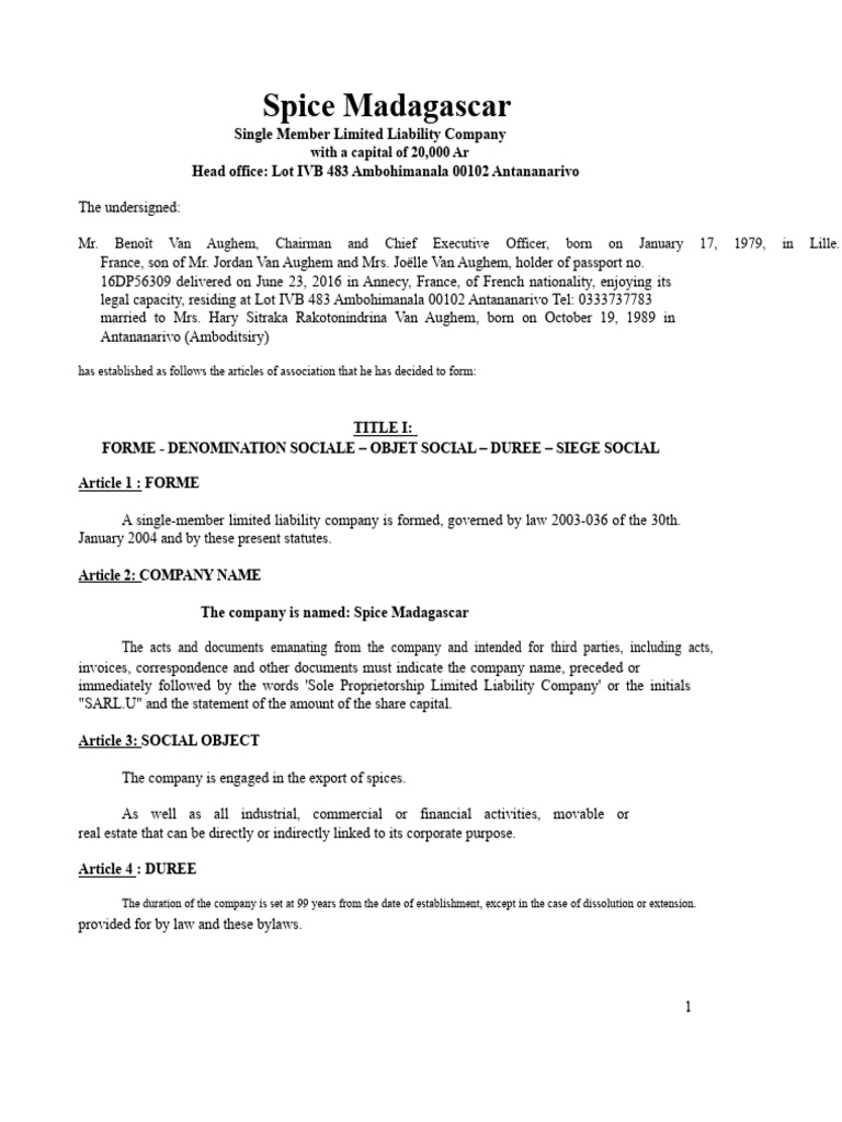 Spice Madagascar Company Formation Document | PDF | Equity (Finance ...