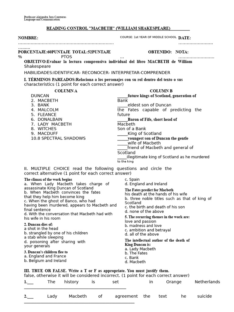 Macbeth Reading Comprehension Assessment | PDF | Macbeth ...