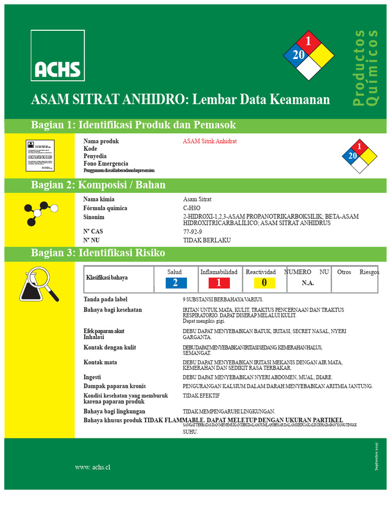 Lembar Data Keamanan Asam Sitrik Anhidrat | PDF