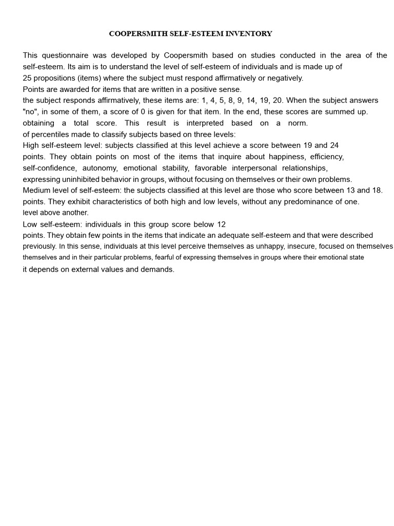 Coopersmith Self-Esteem Inventory Guide | PDF | Self Esteem | Feeling