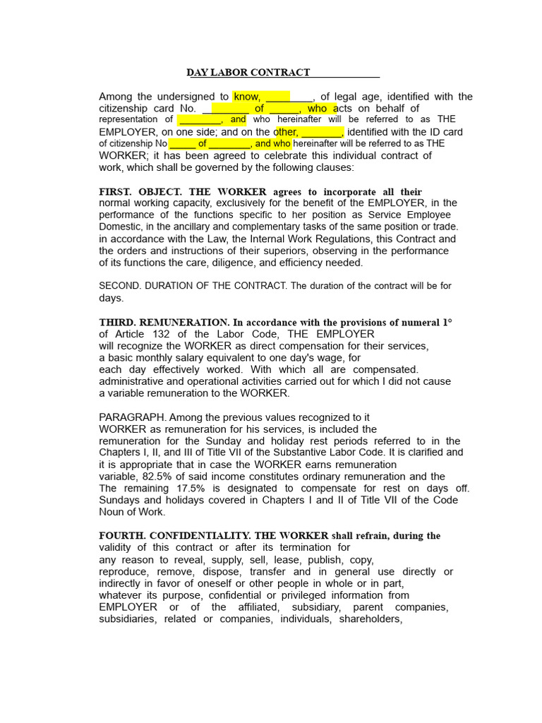 Day Labor Contract Agreement Template | PDF | Employment | Justice