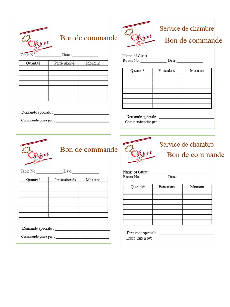 Bon de commande service de chambre | PDF