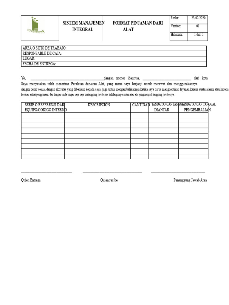 Format Pinjaman Alat Kerja Integral | PDF