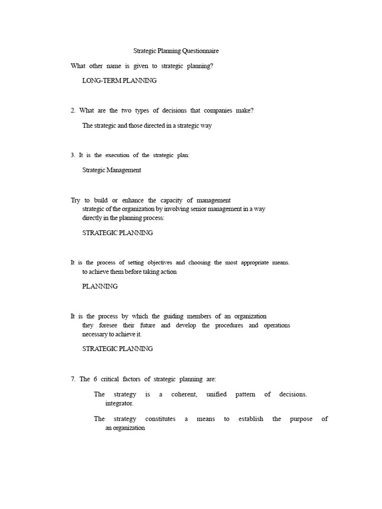 Strategic Planning Questionnaire 1 | PDF | Strategic Planning ...