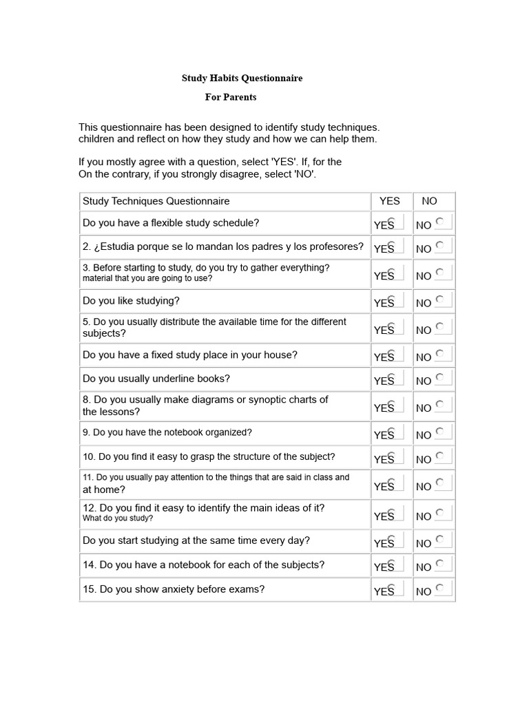 Study Techniques Questionnaire for Parents | PDF | Behavioural Sciences ...