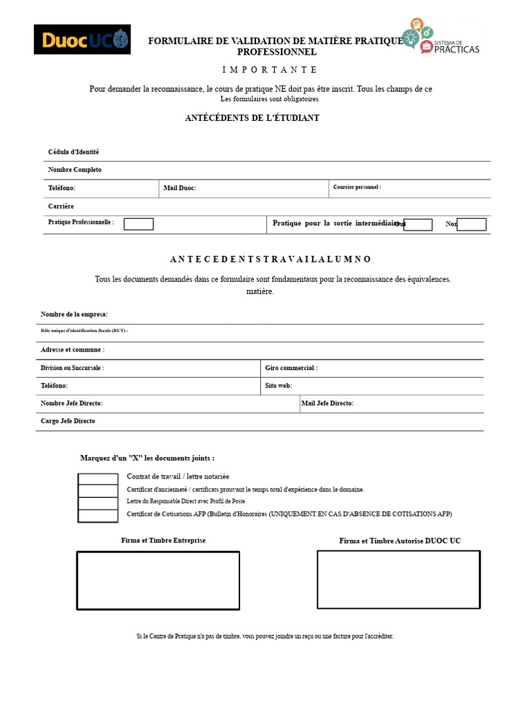 Formulaire de Validation de Pratique Pro | PDF