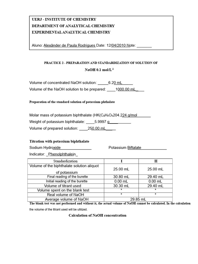 NaOH Solution Preparation and Standardization | PDF | Titration | Chemistry