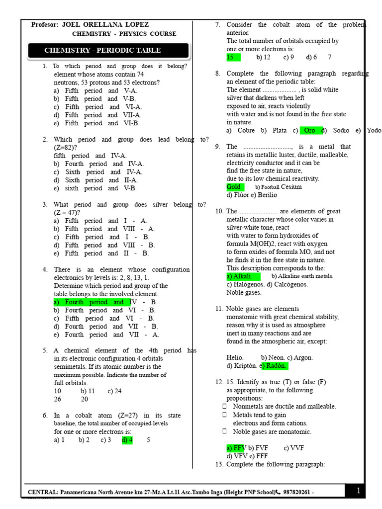 Chemistry and Periodic Table Questions | PDF | Chemical Elements ...