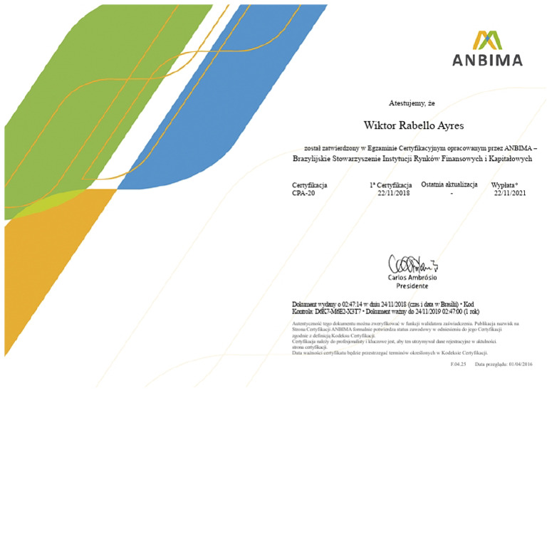 Certyfikat - ANBIMA - CPA-20 | PDF