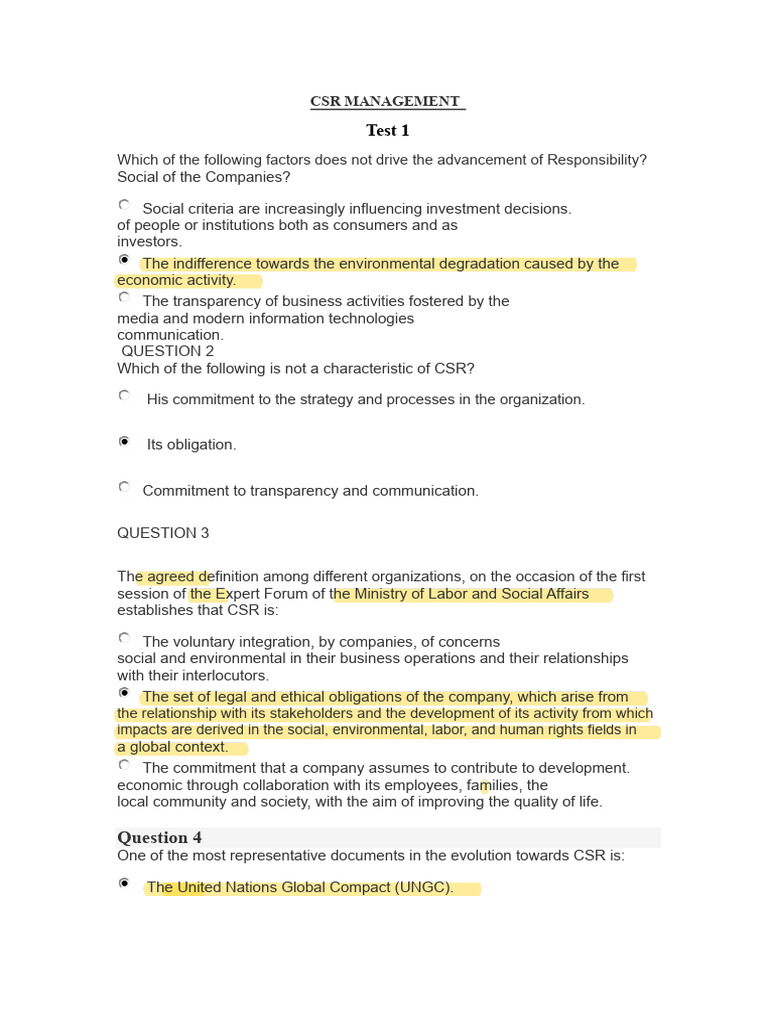 Corporate Social Responsibility Test | PDF | Corporate Social ...
