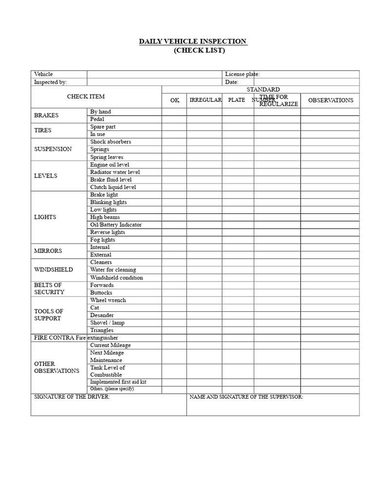 Daily Vehicle Inspection Checklist | PDF | Personal Protective ...