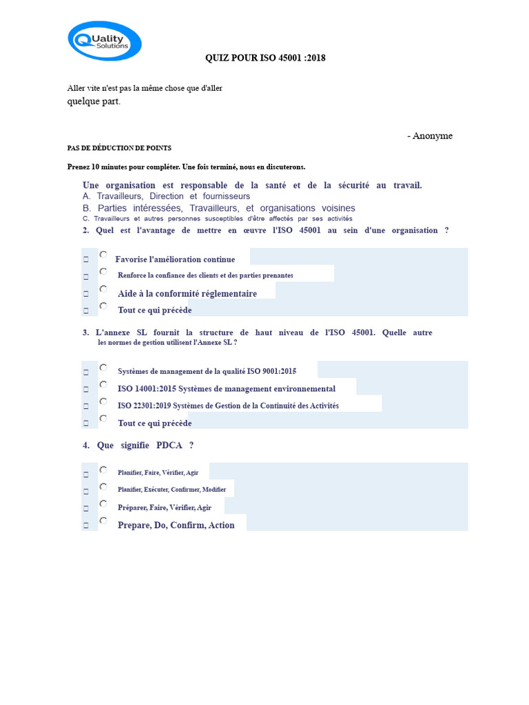 Quiz ISO 45001 : Évaluation Sécurité au Travail | PDF | Management de ...