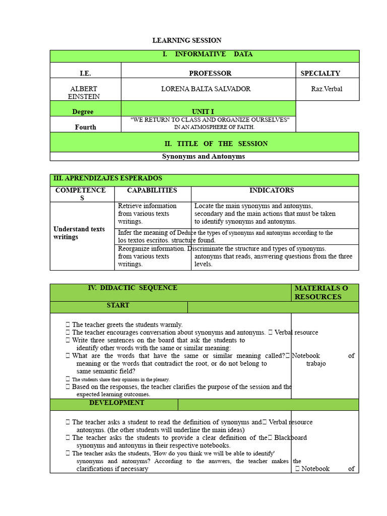 Learning Session Synonyms and Antonyms | PDF | Teachers | Learning