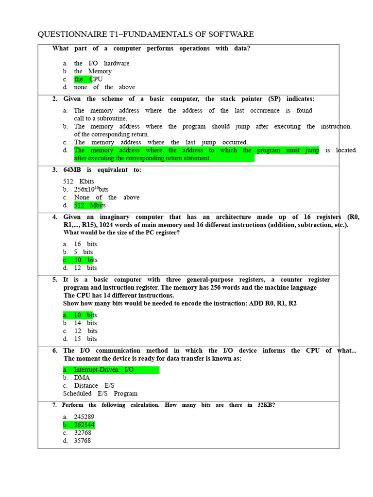 Questionnaire T1 | PDF | Computer Data Storage | Bit