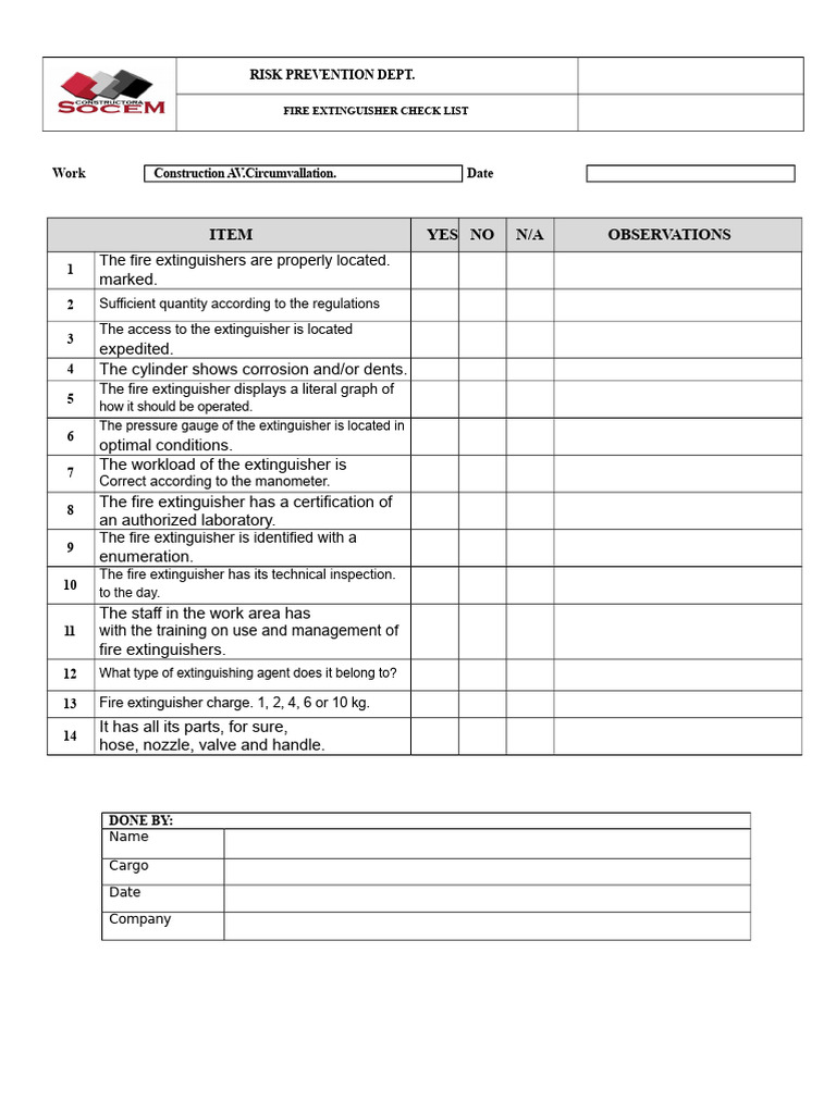 Fire Extinguisher Inspection Checklist | PDF