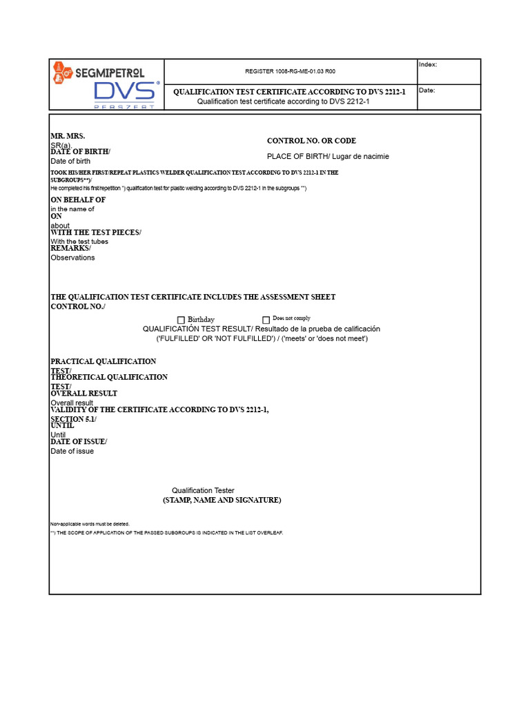 Qualification Test Certificate According To DVS 2212-1 | PDF