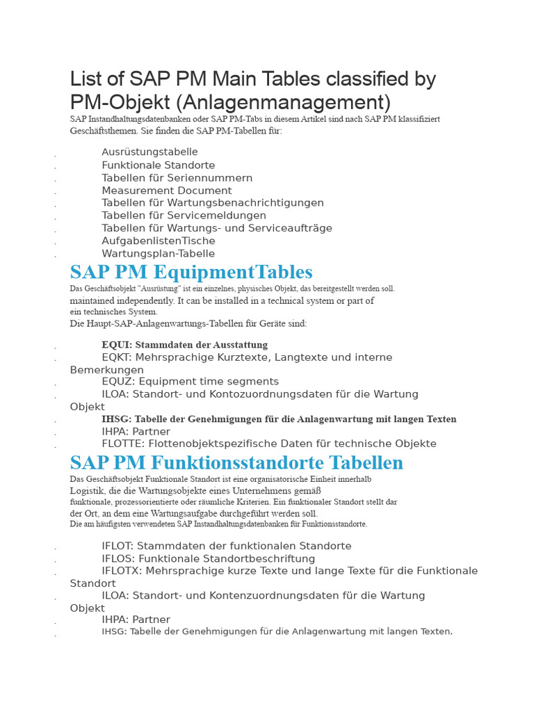 Liste Der SAP PM-Haupttabellen Nach PM-Objekt Klassifiziert | PDF