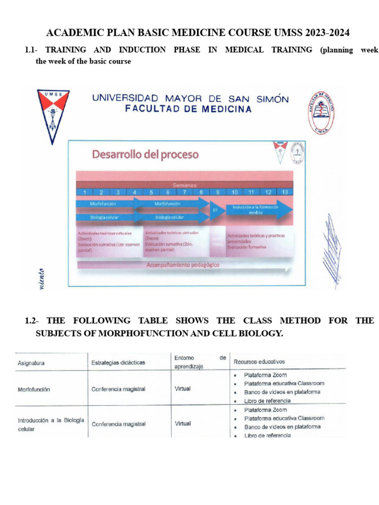 Academic Plan Basic Medicine Course UMSS 2023 | PDF