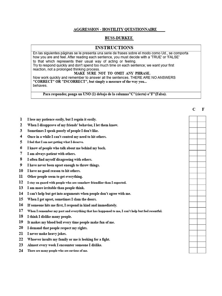 Buss-Durkee Aggression Questionnaire | PDF | Anger | Psychology