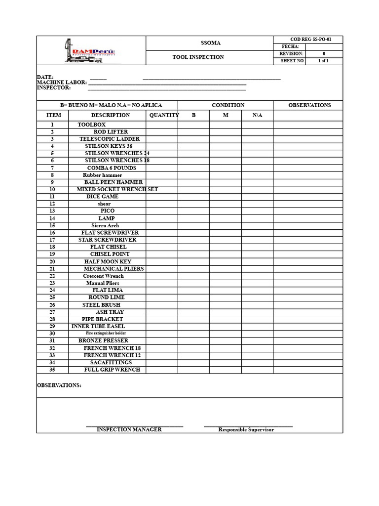 Tool Inspection Report for SSOMA | PDF