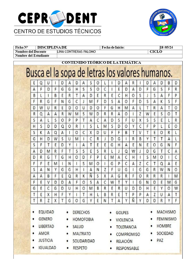 Ética e Valores Sopa de Letras Guia 7 | PDF