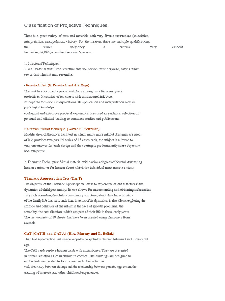 Projective Techniques Classification Guide | PDF | Psychological ...