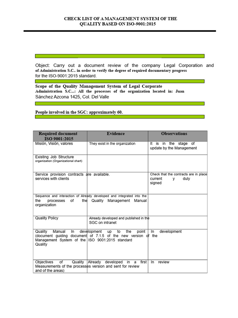 ISO 9001:2015 Quality Management Checklist | PDF | Audit | Internal Audit