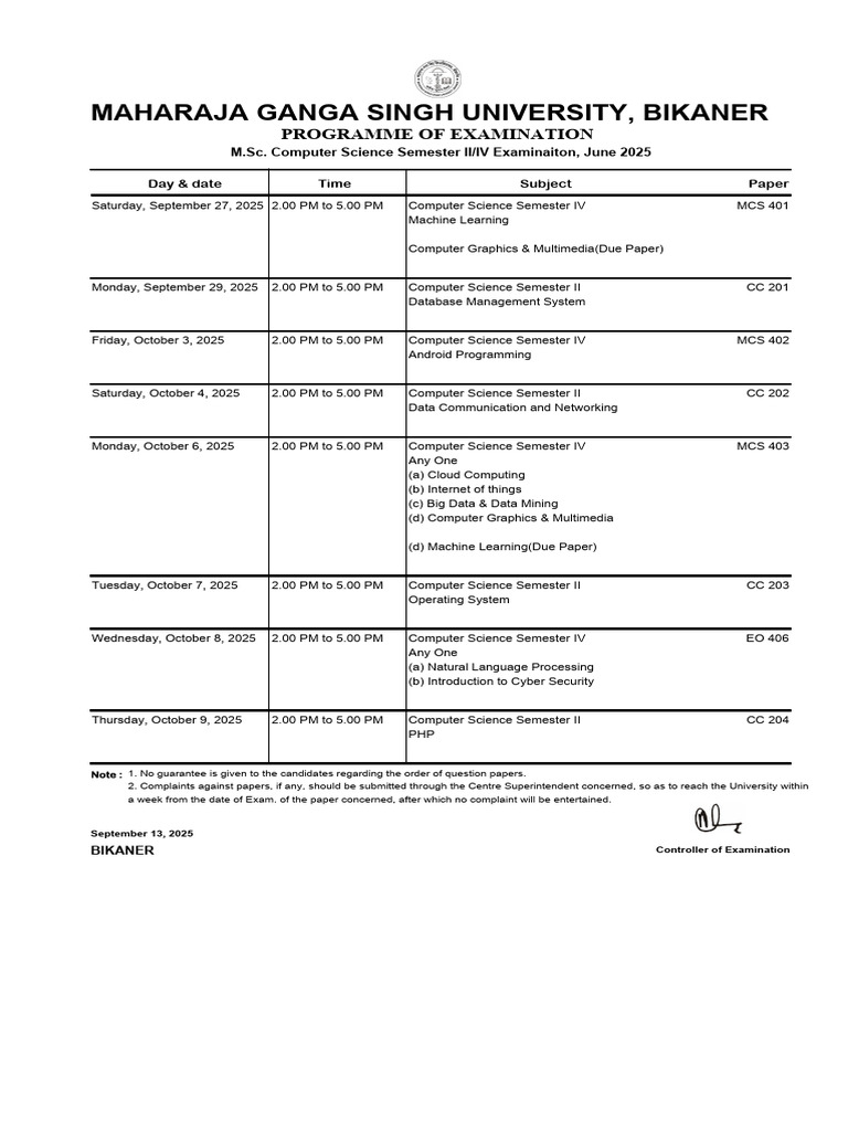 M.Sc. Computer Science Exam Schedule 2025 | PDF | Computer Science ...