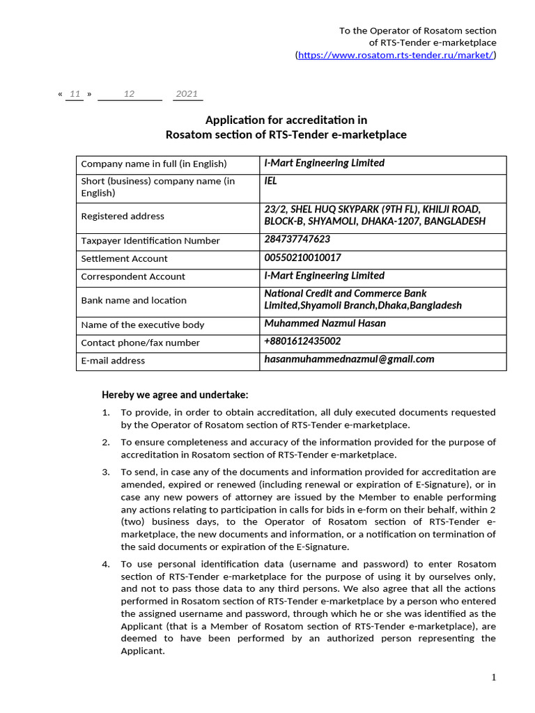 Accreditation Application for Rosatom RTS-Tender | PDF | Privacy
