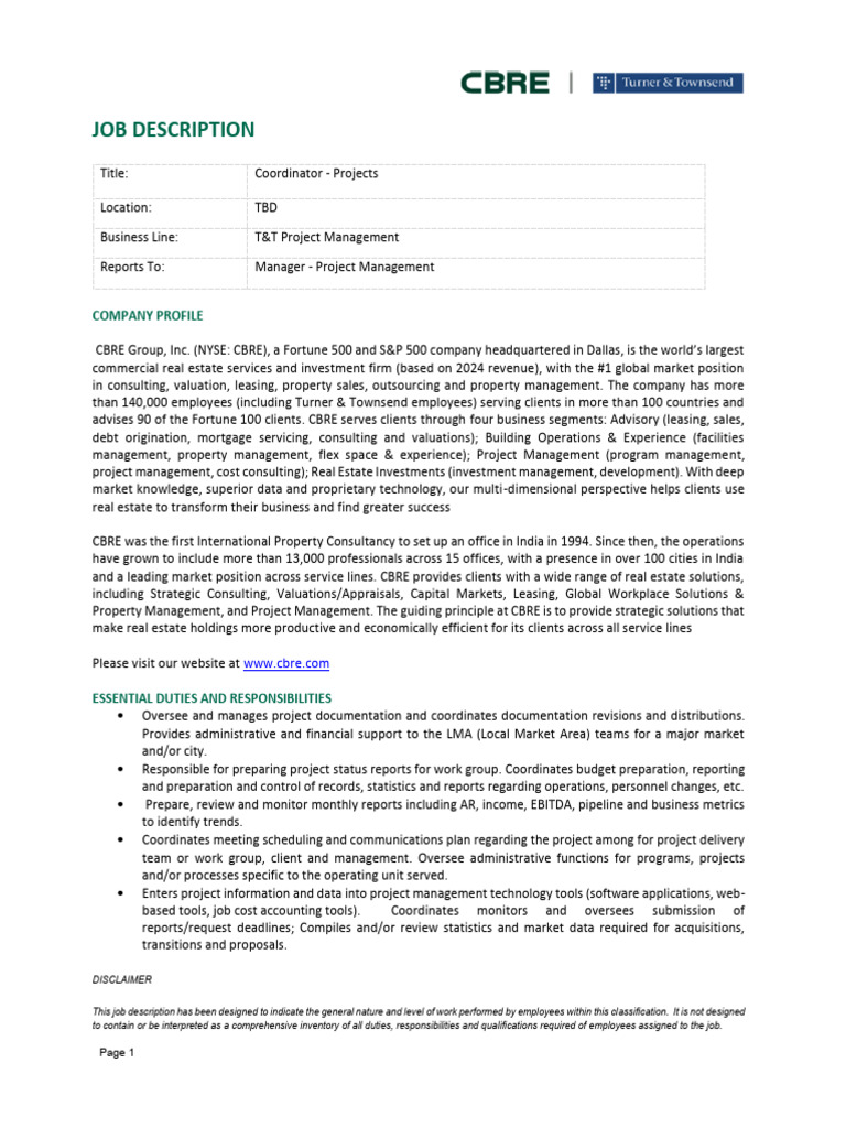 Project Coordinator Job Description | PDF | Real Estate Appraisal ...