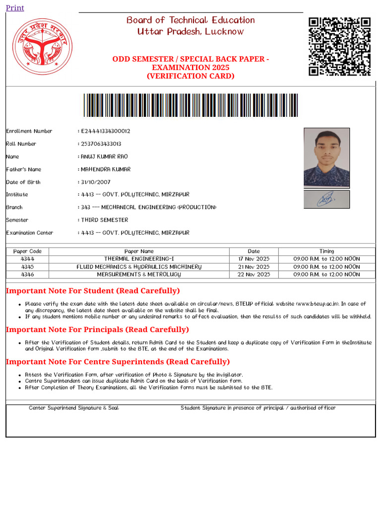 Bteup - Ac.in ESeva Student VerificationCard - Aspx EnrollNumber E24-3 ...