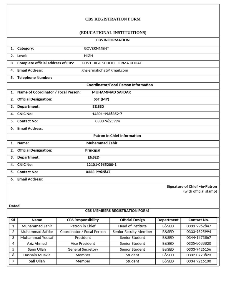 CBS Registration Form for Schools | PDF