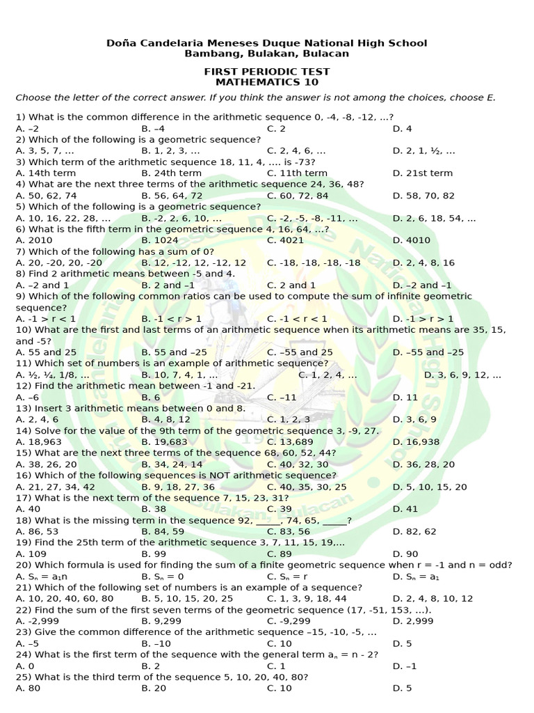 Math 10 Periodic Test Questions | PDF | Mathematics | Mathematical Objects