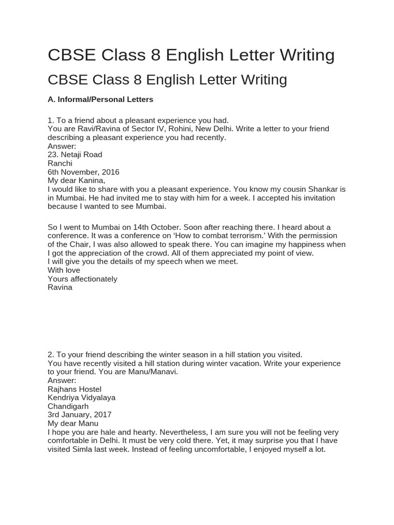 CBSE Class 8 English Letter Writing Guide | PDF