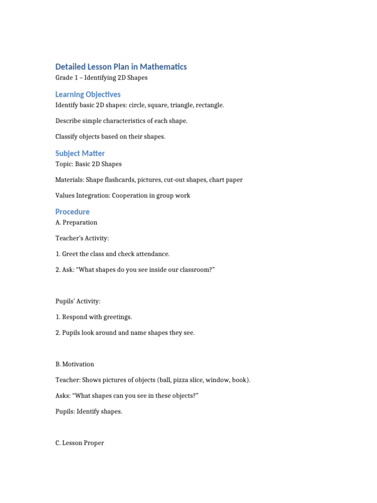 Grade 1 Lesson Plan: 2D Shapes | PDF