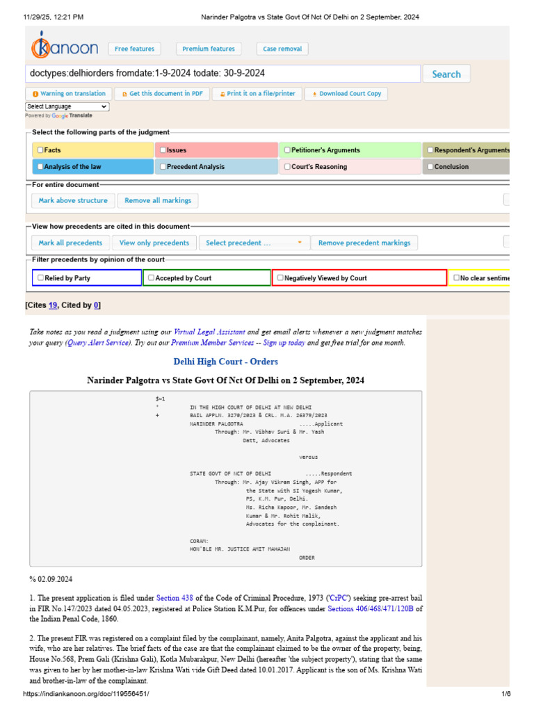 Delhi High Court Bail Application Analysis | PDF | Bail | Arrest