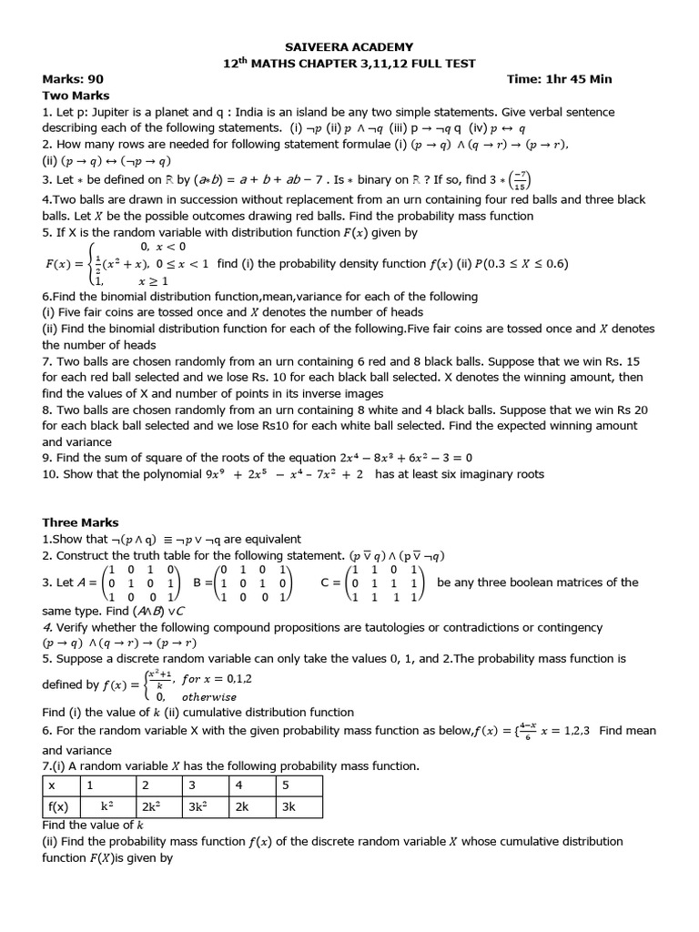 12th Grade Maths Full Test Guide | PDF