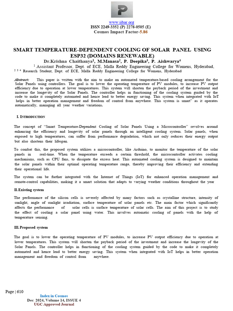 Smart Cooling for Solar Panels Using ESP32 | PDF | Photovoltaics ...