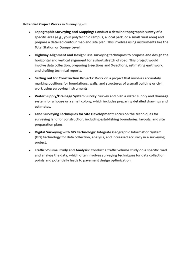 Potential Project Works in Surveying 3rd Year | PDF