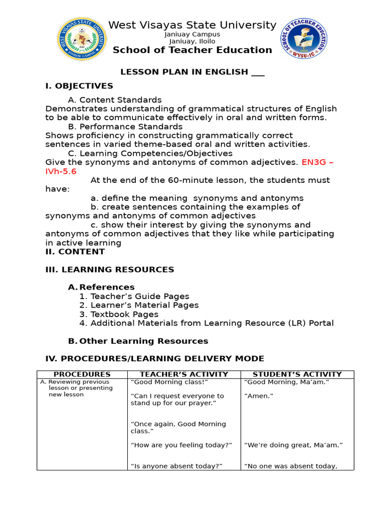 English Lesson Plan: Synonyms & Antonyms | PDF | Lesson Plan | Learning